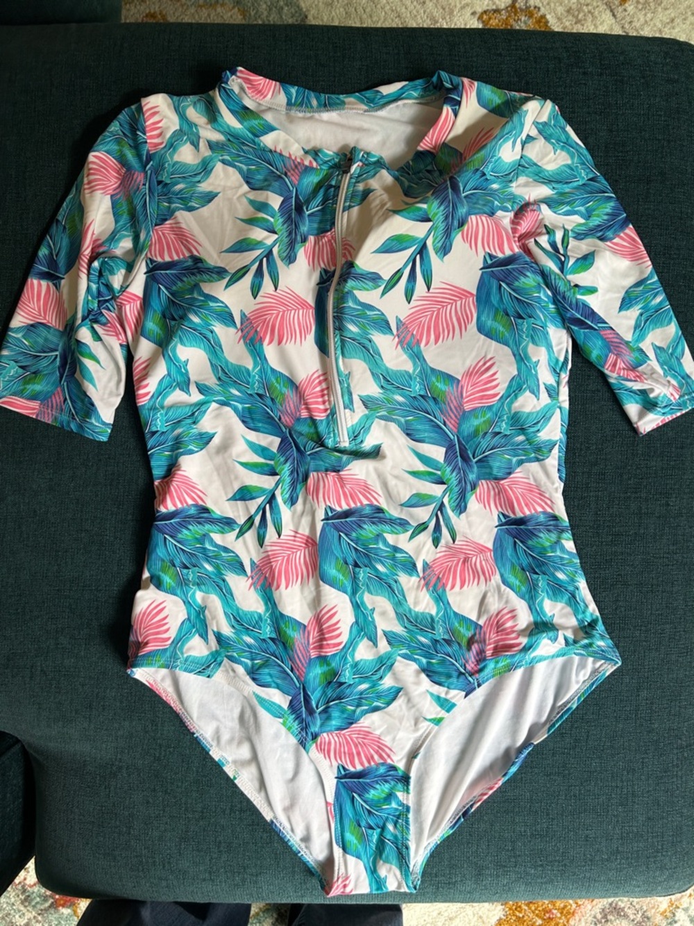 Tropical Leaf Print Zip-Front One-Piece Swimsuit/Rashguard